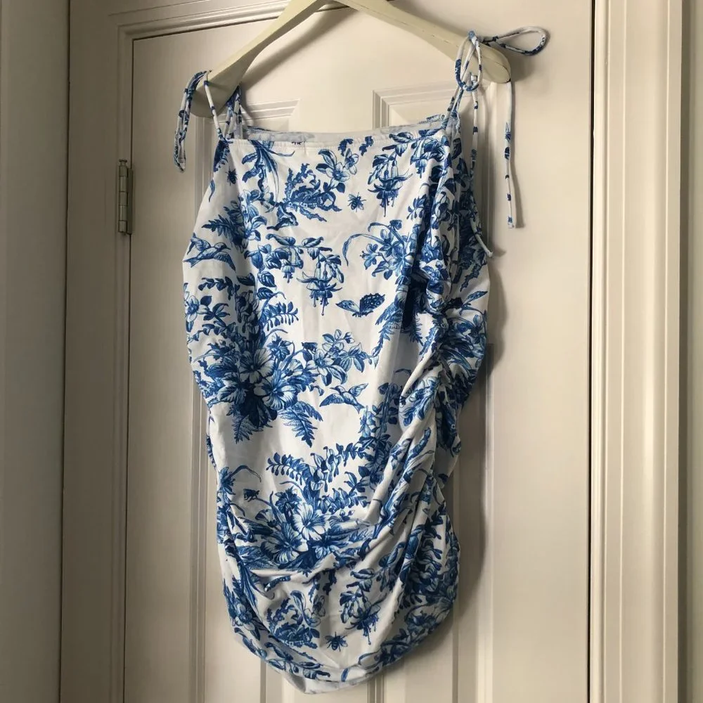 💙 NEW Anthropologie Maeve Shirred Tie Shoulder Chinoiserie Tank Top 2X - Picture 8 of 9